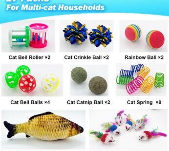 Cat Toys 27 Packs Combo Set, Cat Catnip Fish and Ball Toy, Cat Bell Balls Crinkle Balls, Cat Spring Toys, Plush Mices Attract Cats to Swat, Bite, Hunt, Interactive Toys