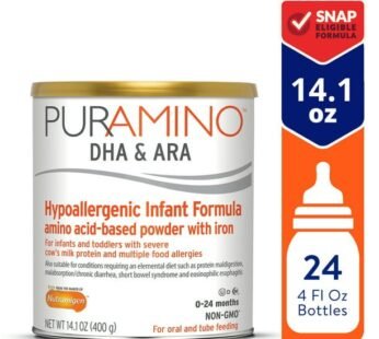 PurAmino Hypoallergenic Infant Drink, for Severe Food Allergies, Omega-3 DHA, Iron, Immune Support, Powder Can, 14.1 Oz